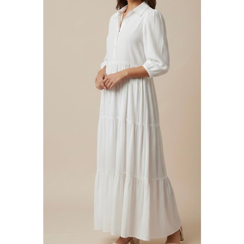 TCEC White Tiered Maxi Dress Sz S Babydoll 
 Puff Sleeve Button Down Popover